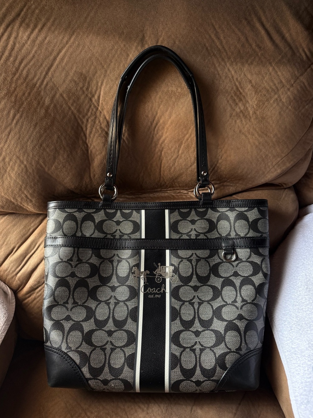 2008 Coach Heritage Signature Stripe Tote Bag in Black/Gray